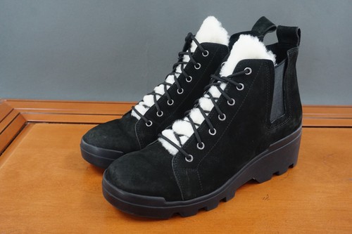 Eileen Fisher Calm Women 8.5 Black Leather Shearling Wedge Ankle Boots Chunky - Picture 3 of 11