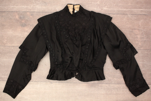 Vtg Women's Antique Edwardian Late 1800s Black Silk Blouse W/ Lace Trim Sz S/M - Picture 6 of 22