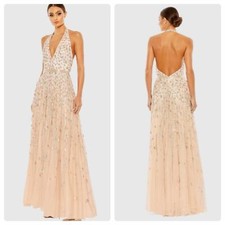 Mac Duggal Floral Print Embellished Halter Strap A Line Gown Blush Size 12 NWT