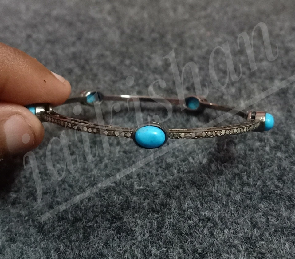 Turquoises Gemstone Bangle Oxide 925 Sterling Silver Pave Diamond Bracelet Gift - Image 4 of 4
