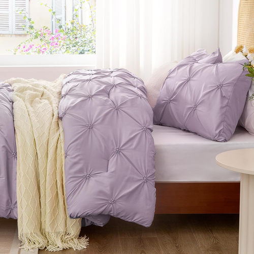 Light Purple King Size Comforter Set - 3 Pieces Boho Pintuck Bedding Comforter S - Picture 5 of 12