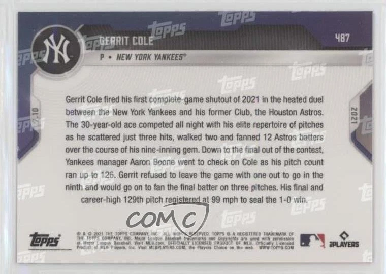 2021 Topps Now Red /10 Gerrit Cole #487 - Image 2 of 2