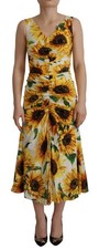 Dolce & Gabbana White Sunflower Print Sheath Midi Women's Silk Authentic