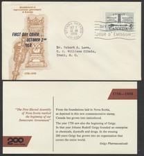 1958 #382 1st Elected Assembly FDC Caneco Cachet with Geigy Pharma Insert Ottawa