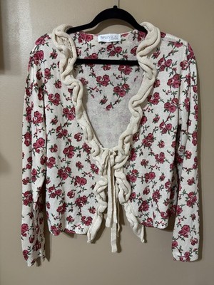 Impressions Cardigan Crochet Bolero Floral Ruffle Tie Front Cottage Core Size Lg