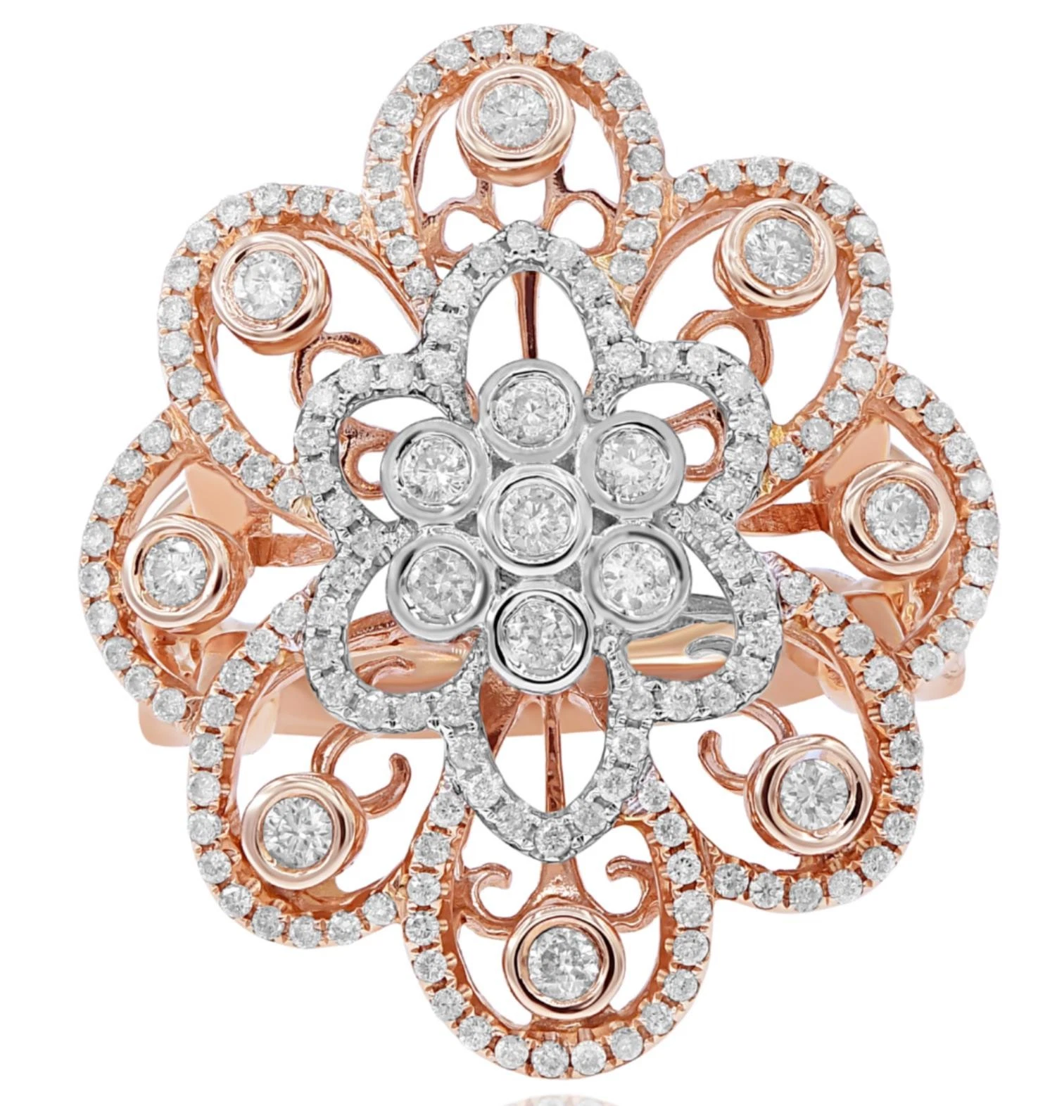 LARGE .76CT DIAMOND 18KT WHITE AND ROSE GOLD ROUND OPEN FILIGREE FLOWER FUN RING