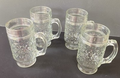4 Anchor Hocking Mugs Clear Glass Diamond Pattern W/ Handles 5.5'' Tall Vintage