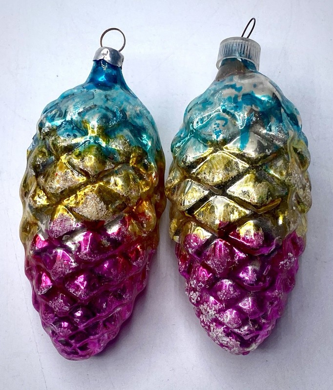 2 Vintage Mercury Glass Rainbow Pine Cone Christmas Ornaments, 4” Long