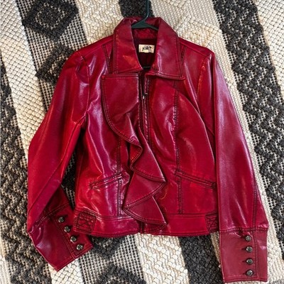 Jolt Red Faux Leather Jacket with Ruffle Detail