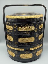 Large VTG Antique Chinese Wedding Basket 3-Tier Black Gold Lacquer Asian Decor