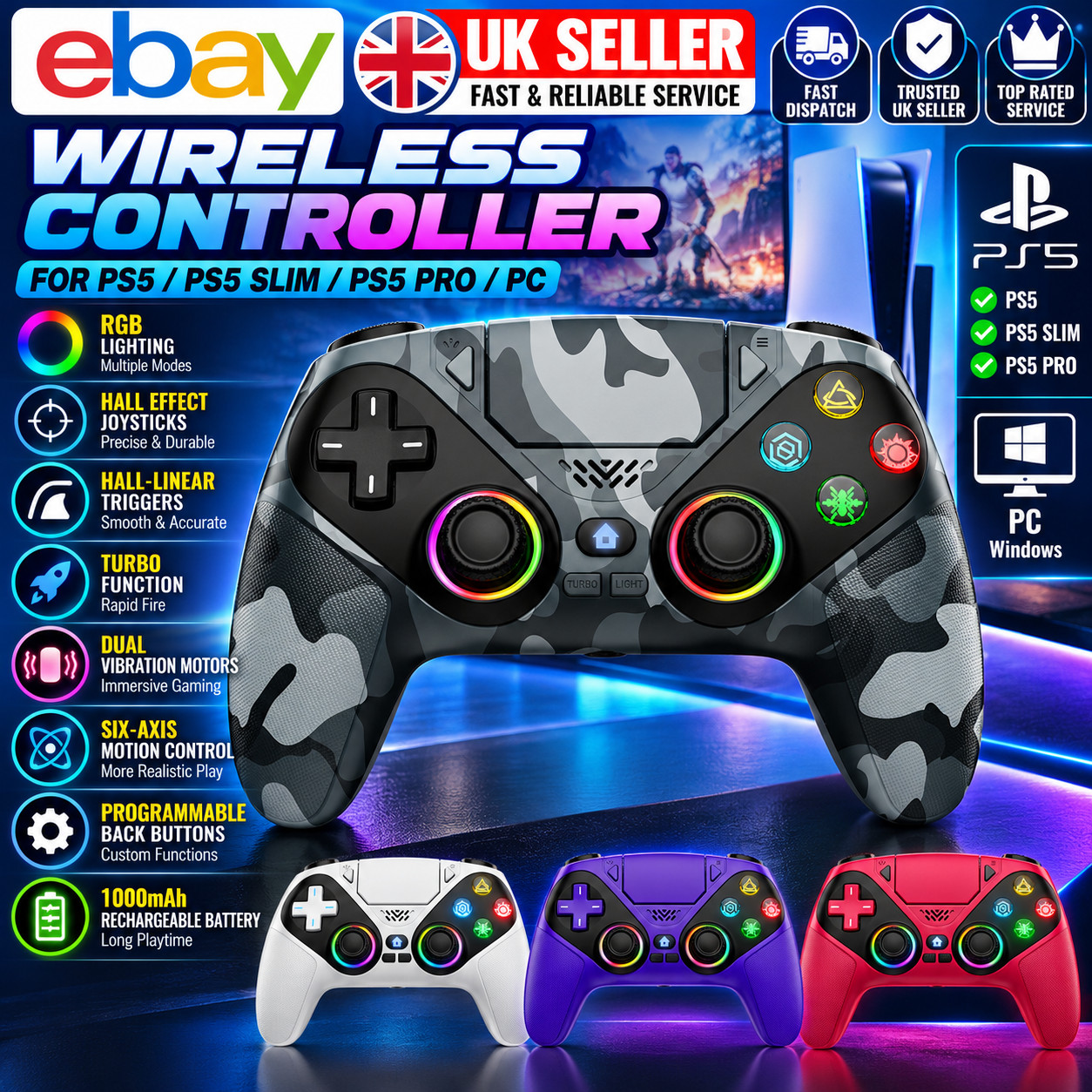 Wireless Controller for PS5, PS5 Pro.PS5 Slim, PC, RGB Turbo Vibration Gamepad