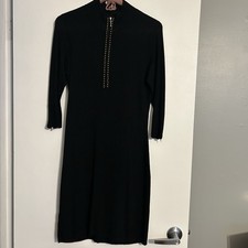 Calvin Klein Black Sweater Dress  Gold Accents Zippers Size Small 3/4 Sleeves