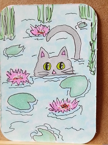ACEO  ATC Gray Cat Series #1 Cat in Lilies painting new 3.5" x 2.5" myfancy
