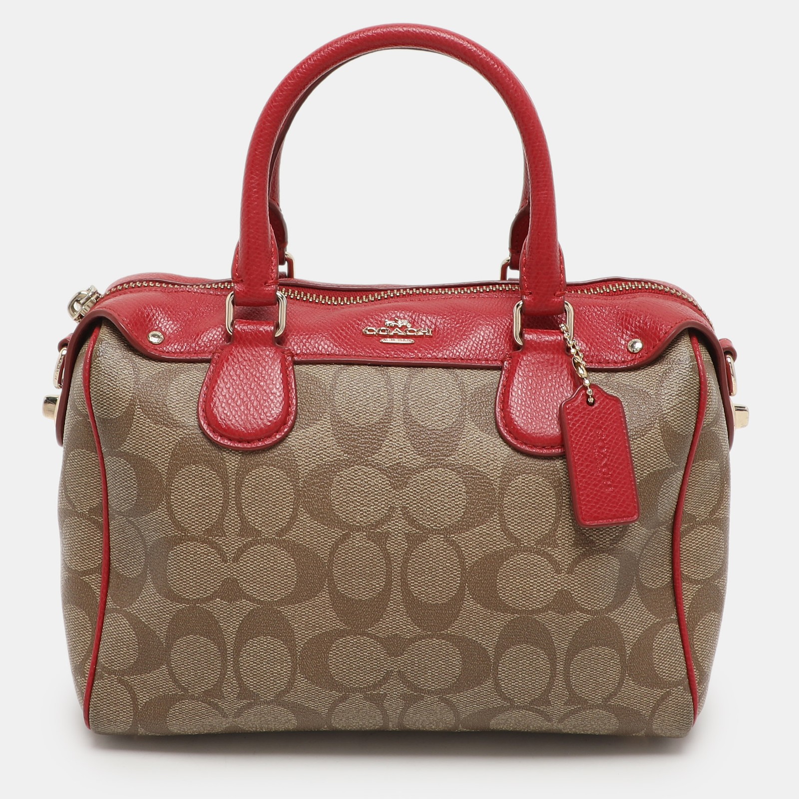 Coach Red Beige Signature Coated Canvas Leather Mini Bennett Satchel Bag