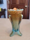 Super Aqua Opalescent Northwood Carnival Glass Daisy & Drape Vase