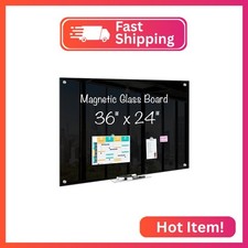 Maxtek Black Magnetic Glass Whiteboard 36 x 24in, Frameless Dry Erase Board