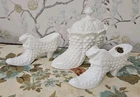 FENTON PAIR OF CATHEAD SLIPPERS AND SHOE WITH LID WHITE HOBNAIL