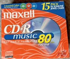 Maxell CD-R 15 Pack Music Disc 3 Colors Slim Jewel Cases 80 Minute New Sealed