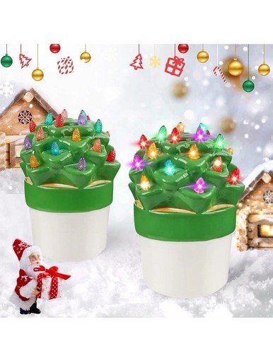 2 Pcs Ceramic Christmas Cactus Xmas Tree w/Multicolor Lights 6” NIB - Picture 8 of 8