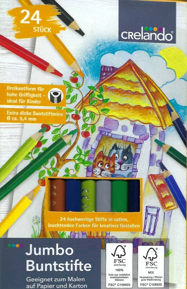 24 Stück Jumbo-Buntstifte, Dreikant aus Holz - Neu & OVP von Crelando