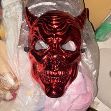 Red Devil Full Face Horned Halloween Costume Mask Adjustable Plastic