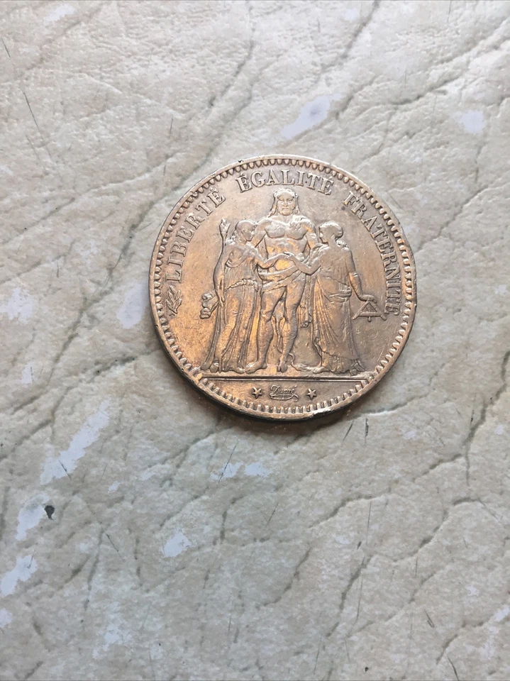 1875 A FRANCE Hercules Group Antique Genuine Silver 5 Franc French Coin TONED - Image 3 of 4