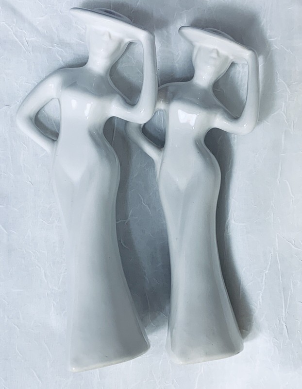 Pair (2) Of Ceramic Old-Fashioned Hatted Lady Figurines 8” White Glossy Finish