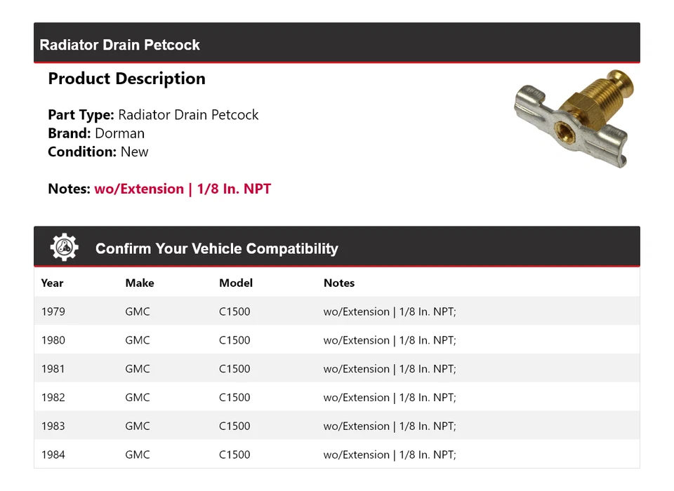 Para 1979-1984 GMC C1500 Dorman ralo de radiador Petcock 1980 1981 1982 1983 - Imagem 2 de 4
