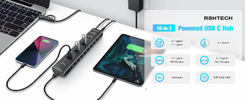 USB HUB 10Gbps Type-C PD C Hub 60W USB-A 3.2 QC3.0 Charging Ports USB Splitter - Bild 10 von 15