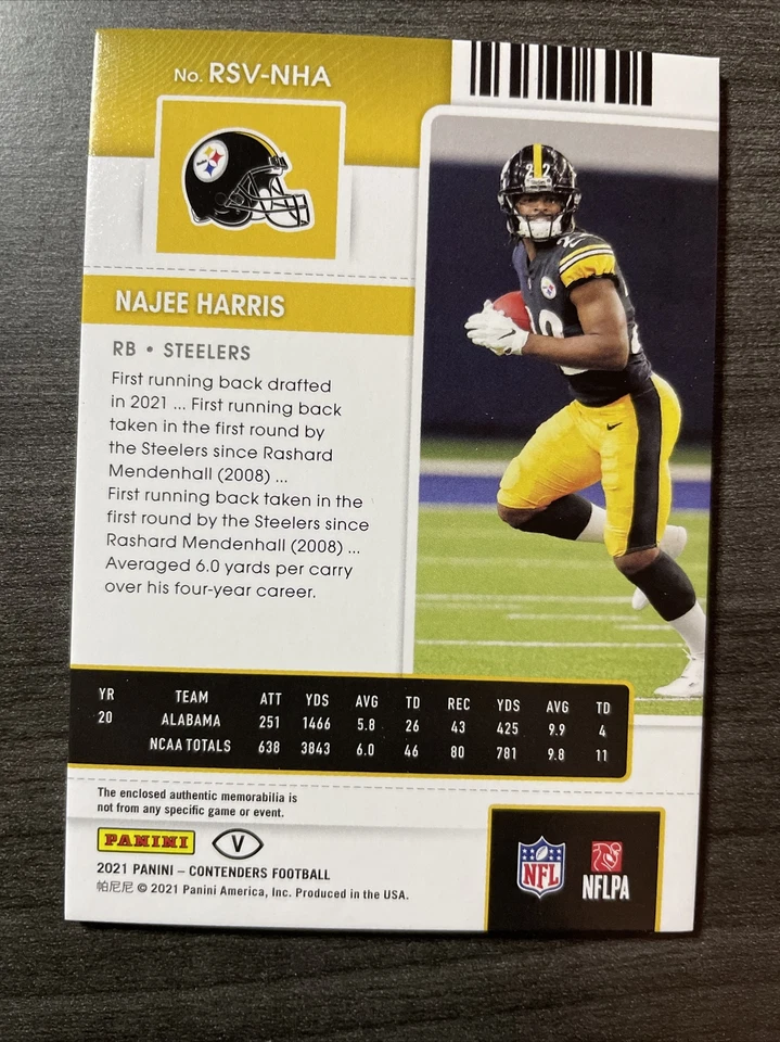 2021 Panini Contenders Najee Harris Rookie Ticket Variation Rookie Swatch SP - Image 2 of 2