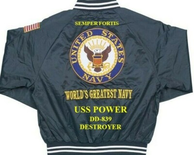 USS POWER DD-839 DESTROYER NAVY EMBROIDERED SATIN JACKET(BACK ONLY)