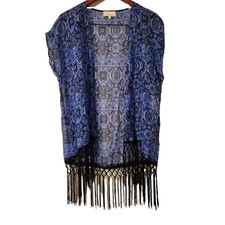 Dept 222 Women's Size M Sheer Navy Blue & White Tassel Kimono Shawl Boho