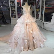 Pink V Neck Wedding Dresses A Line Tulle Sleeveless Lace Appliques Bridal Gowns