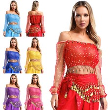 Womens Blouse Stage Belly Dance Night Top Tassel Sweatshirt Dancer Costume Bell