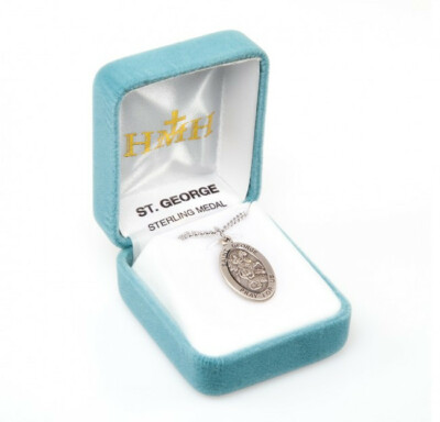 St. George Sterling Silver Oval 1.1'' Medal,  Gift Box, 24'' Chain, US Made