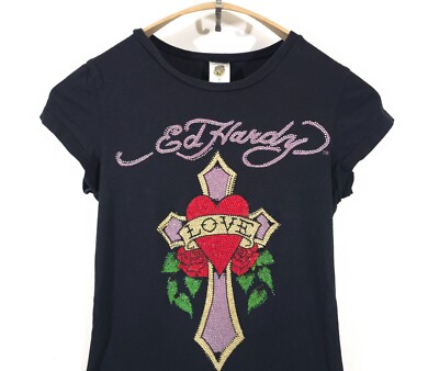 y2k❤️00s Ed Hardy ラブキル スカルロゴ ラインストーン トップス Ed Hardy Y2K Brown Striped Love Kills Slowly Skull Rhinestone