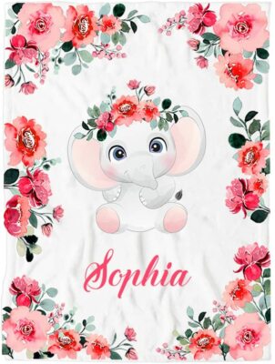 Personalized Baby Blanket, Custom Name Elephant Animal Floral