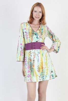 Vtg 60s Nature Print Dress High Waisted Belted Scooter Bell Sleeve