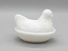 Vintage White Milk Glass Hen Rooster On Nest Small Basket Candy Dish 4.25"