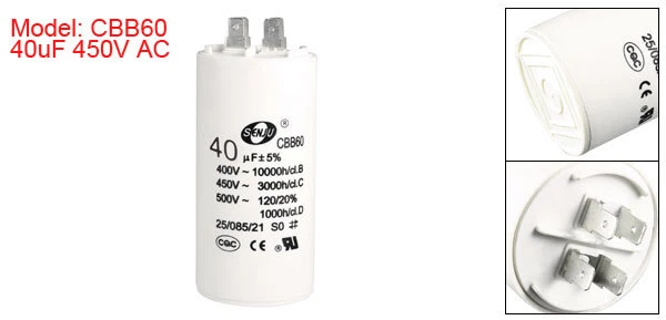 CBB60 Run Capacitor 40uF 450V AC Double Insert 50/60Hz Cylinder 94x45mm White - Image 2 of 4