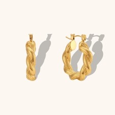 18K Gold Plated Stainless Steel Hoop Women Earrings Brushed Twist Dangle Drop