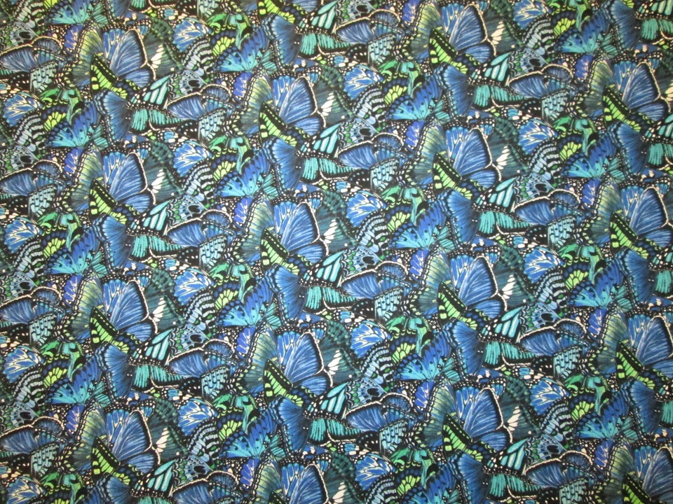 Impresionante tela de algodón mariposas dramáticas azul verde blanco BTHY Foto 3 de 4