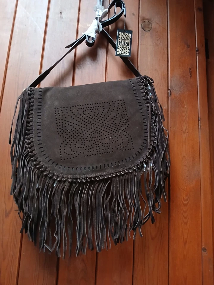 Biba Vintage Style Brown Suede Logo Retro '70's  Large Fringe Bag New Gift idea - Image 2 of 4