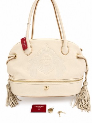LANCEL Paris Ivory Leather Tassel Shoulder Bag w/ Key Lock Tag Booklet Rare