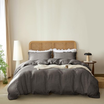 100% French Linen Duvet Cover Set 3pc - Zipper Closure & 8 Corner Ties with R...