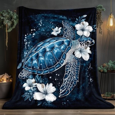 1pc of Ocean-style Blanket - Lightweight Flannel Shawl with Turtle and Floral