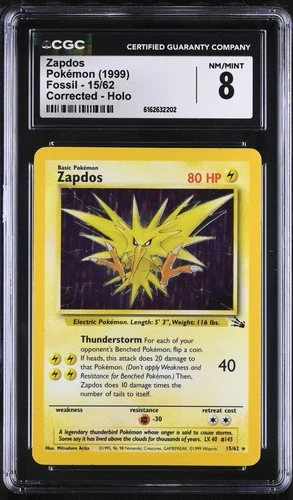 CGC 8 Zapdos 15/62 Fossil Corrected Holo Pokemon Card