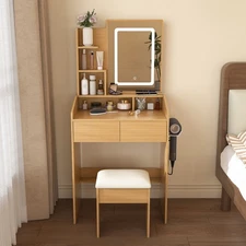 LED Vanity Table with Mirror Outlet Stool Compact Dressing Desk Wood