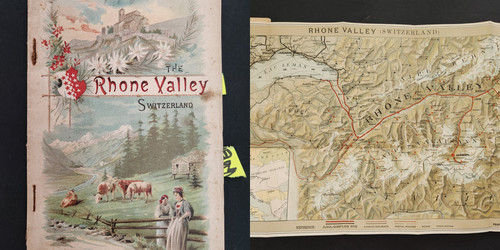 1883 antique RHONE VALLEY switzerland TRAVEL GUIDE w FOLDOUT MAP DRIED FLOWER 