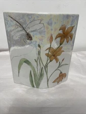 Ceramic Tissue Box Holder White with Flower And Dragon Fly Signed By Artist.